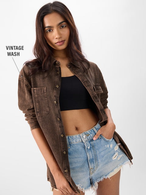 Classic Denim Shirt Light Cocoa Brown Women Boyfriend Shirts
