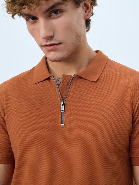 Popcorn Burnt Orange Zipper Polos