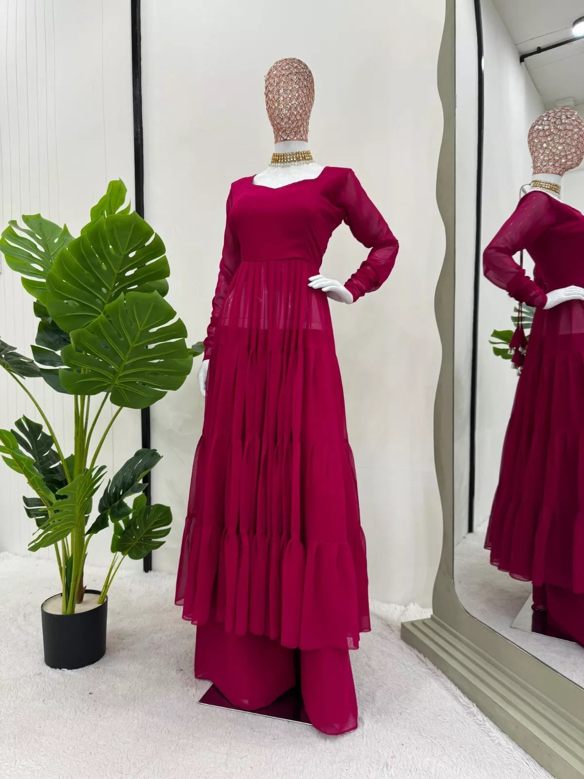 Stitched Faux Georgette Ruffle Style Anarkali Top Pant