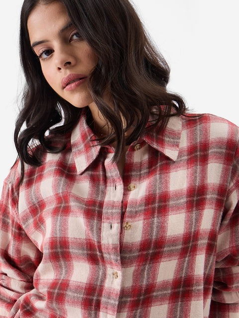 Plaid Red, Brown and Cream Women Boyfriend Shirts