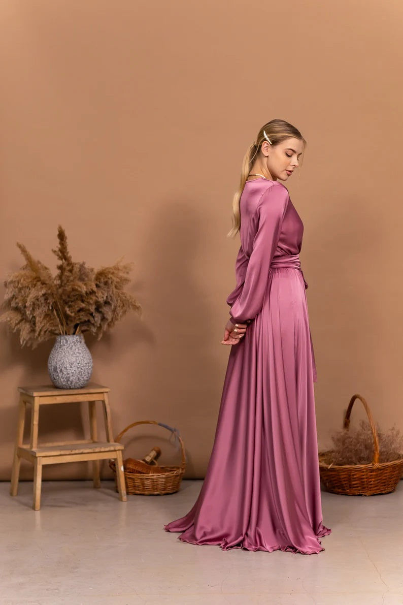 Bridesmaid Dress Long Dress V-Neck Maxi Flared Dress For Wedding Guest Long Sleeve Evening Gown Satin Cocktail Dress Elegant