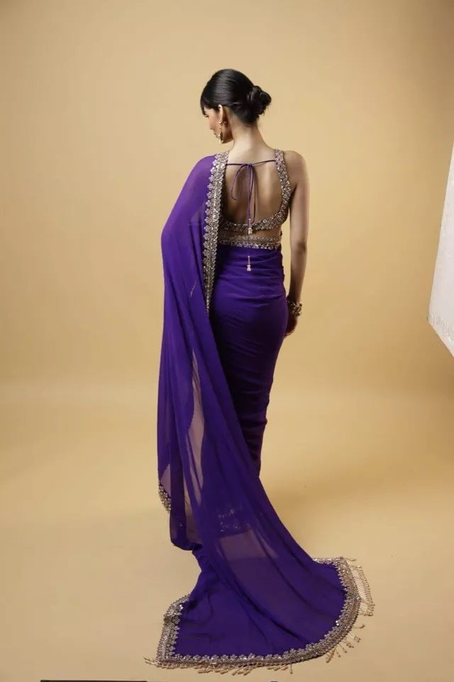 Georgette Wedding Saree & Blouse,Party Function Wear Sari & Blouse