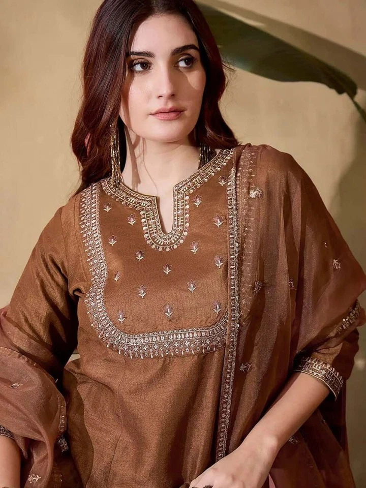 Beautiful Vichitra Silk With Sequence Embroidery Work Kurti/Pant With Dupatta 12-BS
