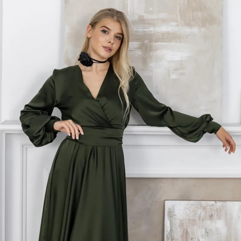 Olive Green Bridesmaid Dress V-Neck Satin Dress Tea Length Evening Maxi Dress