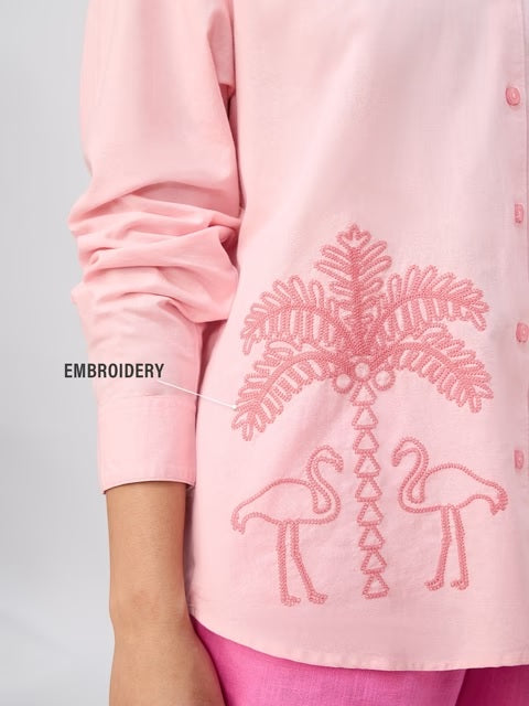 Cotton Linen Shirt Flamingo Women Boyfriend Shirts