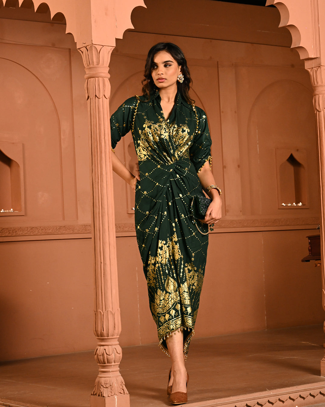 Designer Green Gold Embroidery Kaftan Dress for Women – Elegant Cocktail Party & Ethnic Fusion Wear
