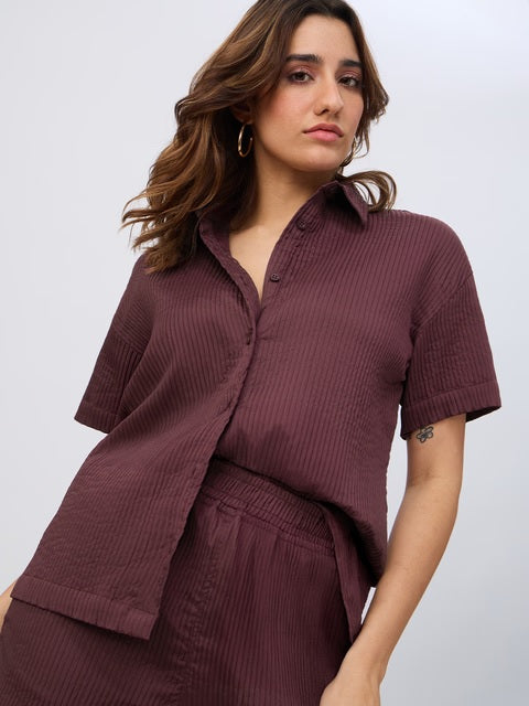 Textured Shirt Deep Ember Women Boyfriend Shirts