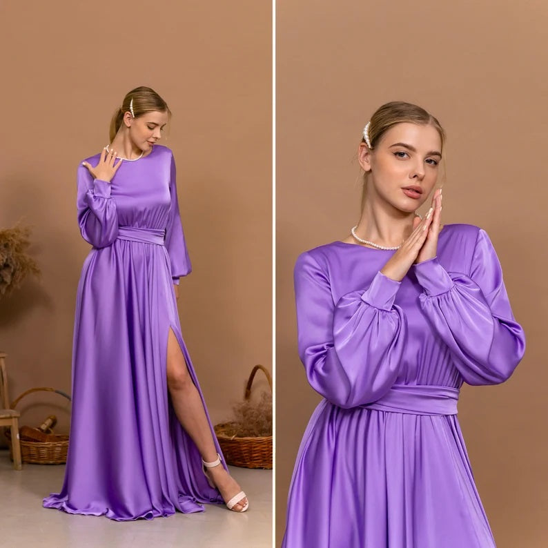 Purple Wedding Guest Dress Open Back Dress Long Slit Dress