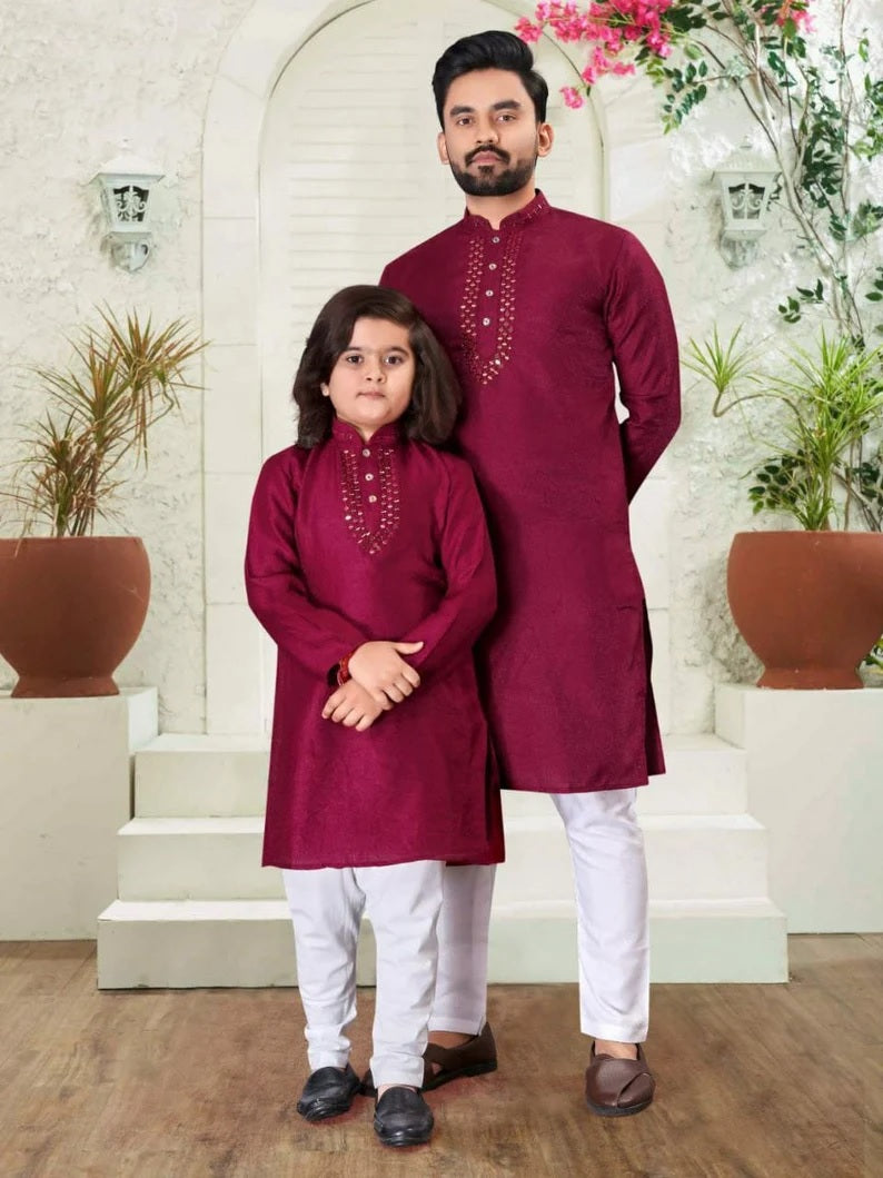Silk Kurta Pajama Set For Men's & Kid's Combo Set