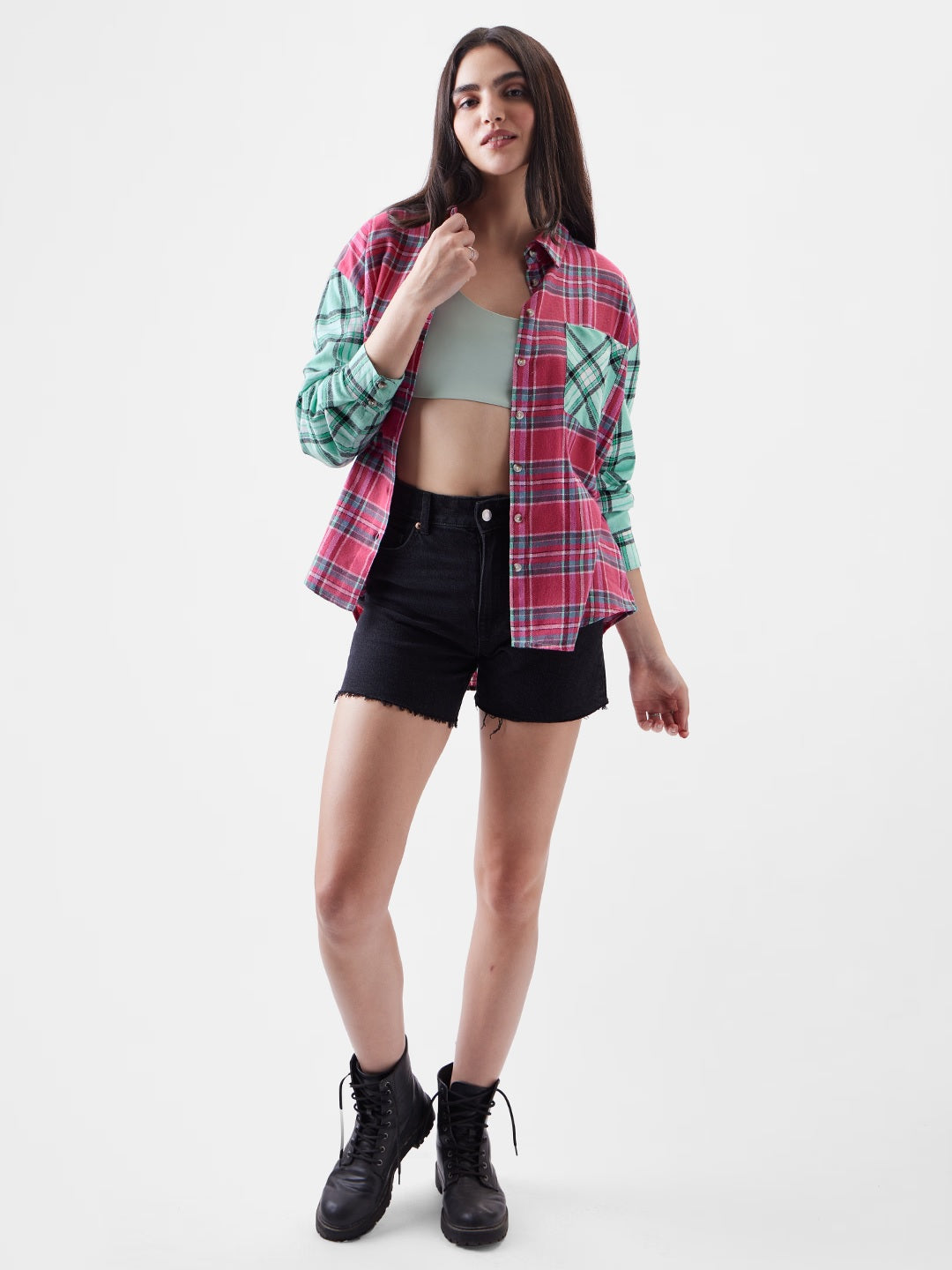 Plaid Viridis And Raspberry Women Boyfriend Shirts