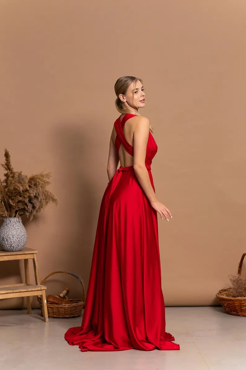 Flowy Red Dance Dress Low Back Evening Gown Sleeveless Satin Flowy Dress