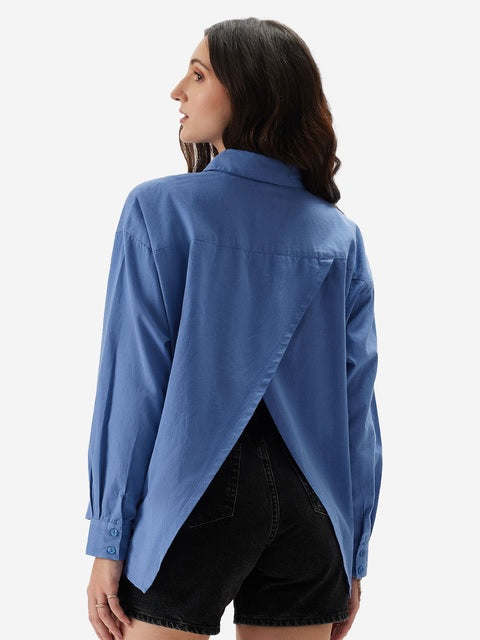 Cotton Linen River Blue Women Boyfriend Shirts