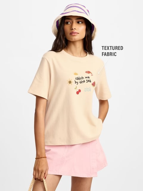 By The Sea Textured Women Relaxed Fit T-Shirts