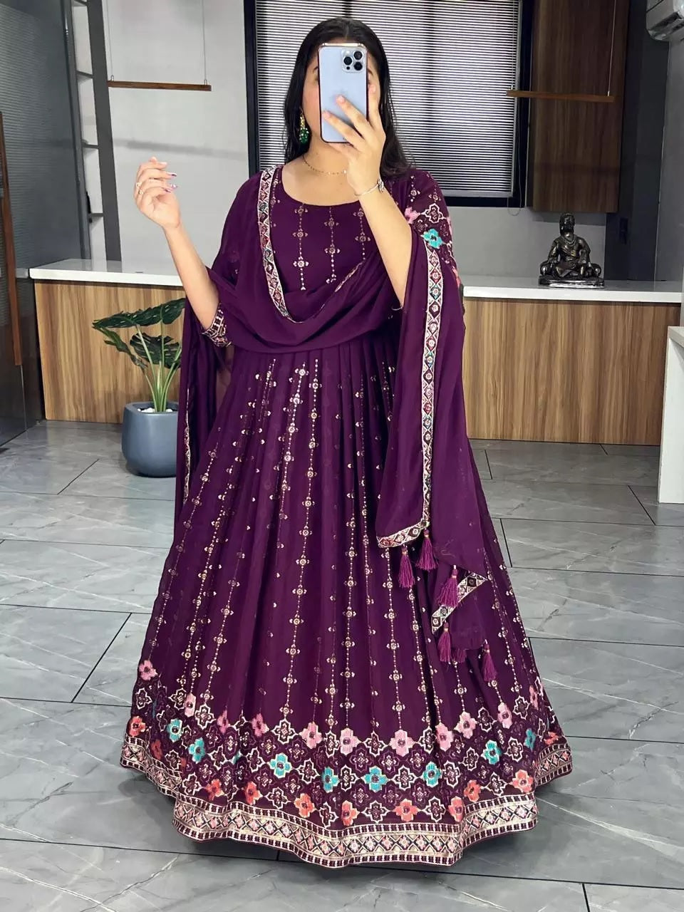 Georgette With Heavy Embroidery Work Long Anarkali Gown Dupatta