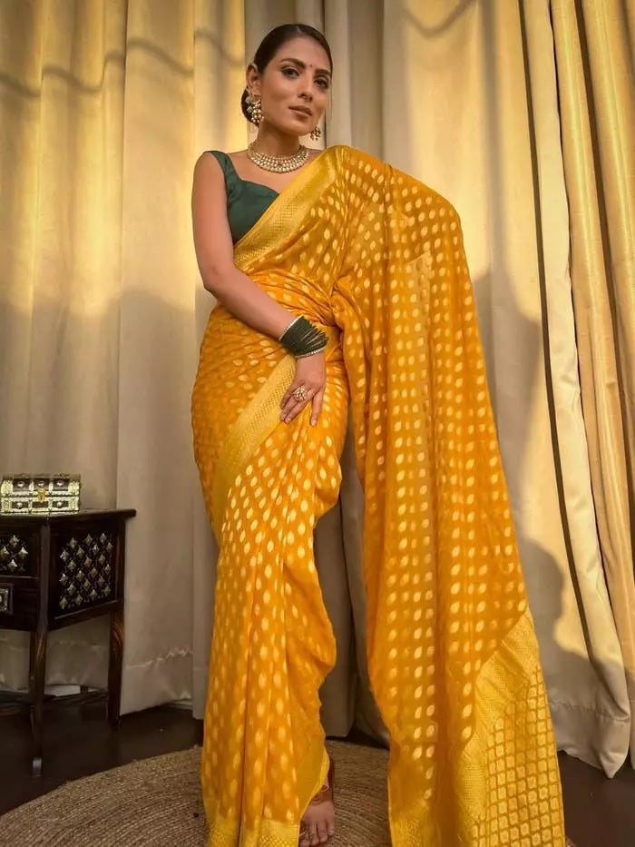 Banarasi Soft Silk Yellow Sari & Blouse