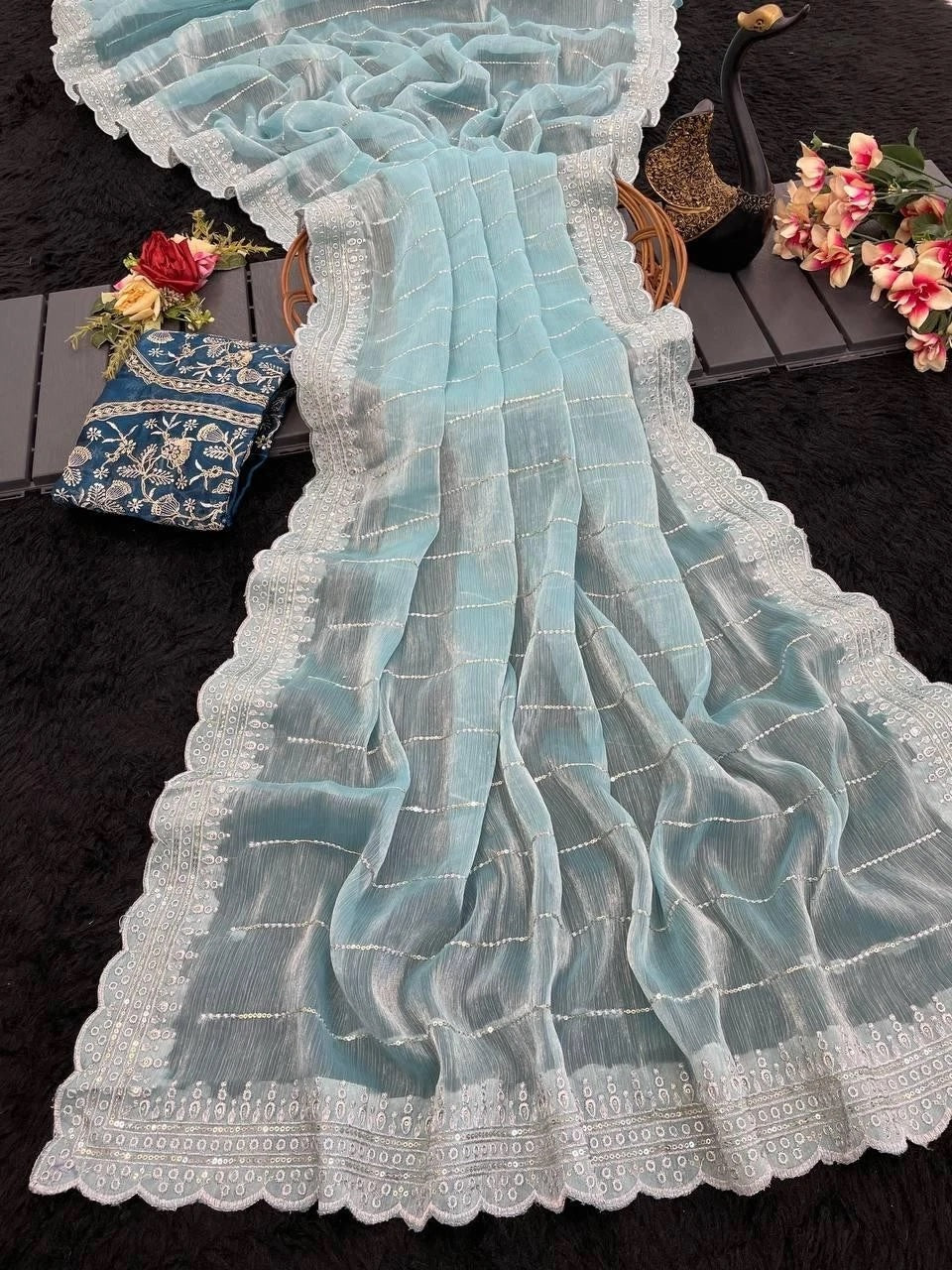 Soft Burburry With Beautiful Sequence Work Sari With Blouse