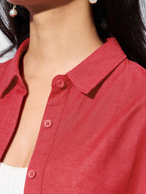 Cotton Linen Red Women Boyfriend Shirts