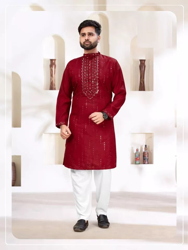 Classic Beautiful Exclusive Stitched 14 Kg Roman Silk Kurta Pajama For Mens