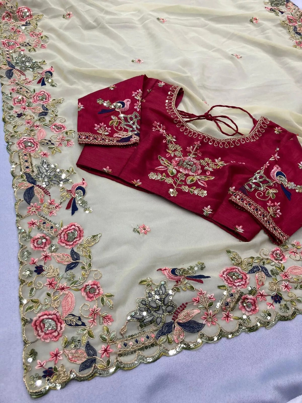 Georgette With Embroidery Work Designer Sari & Blouse