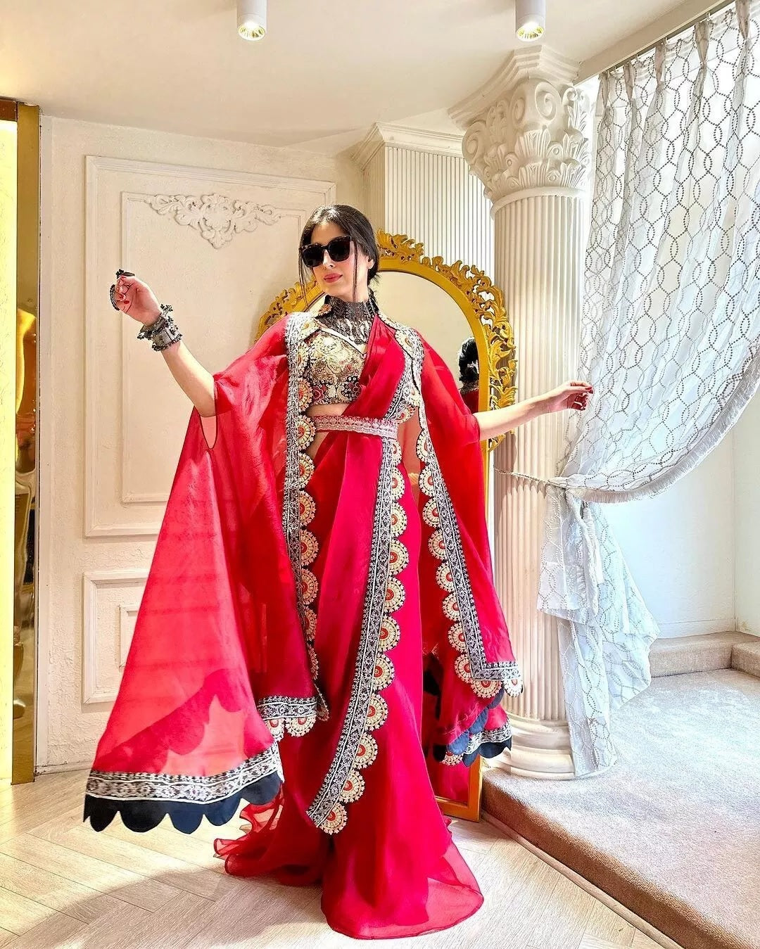 Organza Silk Indo Western Sharara Blouse With Shrug Set