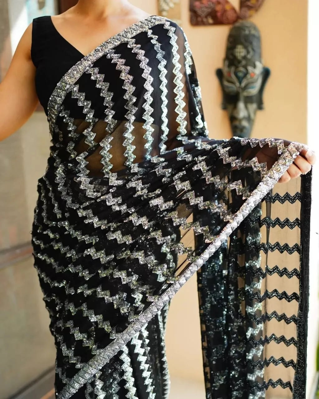 Georgette With Embroidery Sequence Work Sari & Blouse