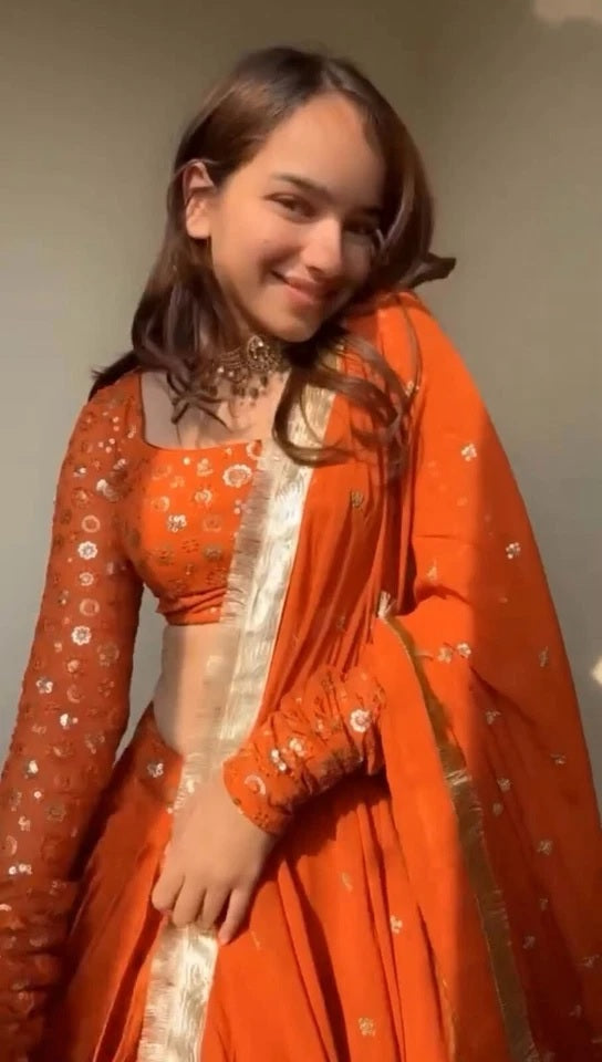 Orange Bollywood Wedding American Silk Lehenga Blouse & Dupatta 15-RTC