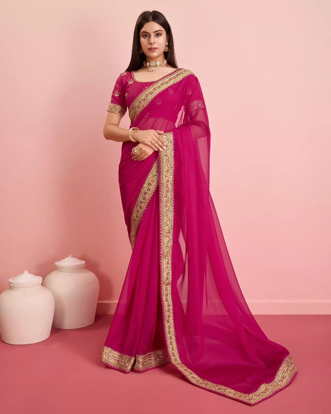 Tabby Silk Organza With Embroidery Lace Work Sari & Blouse