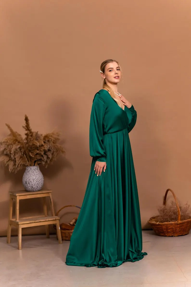 Satin Open Back Dress Emerald Green Evening Dress Long Sleeve Flowy Dress