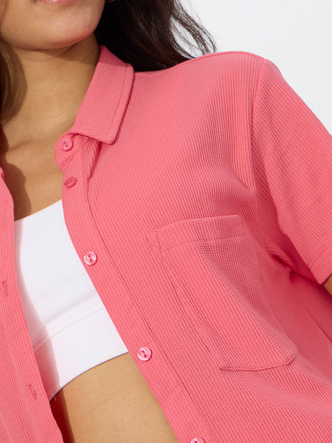 Textured Shirt Coral (Solids) Women Boyfriend Shirts