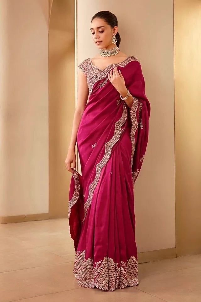 Soft Vichitra Silk With Fancy Thread Work & Sequence Work Saree With Blouse