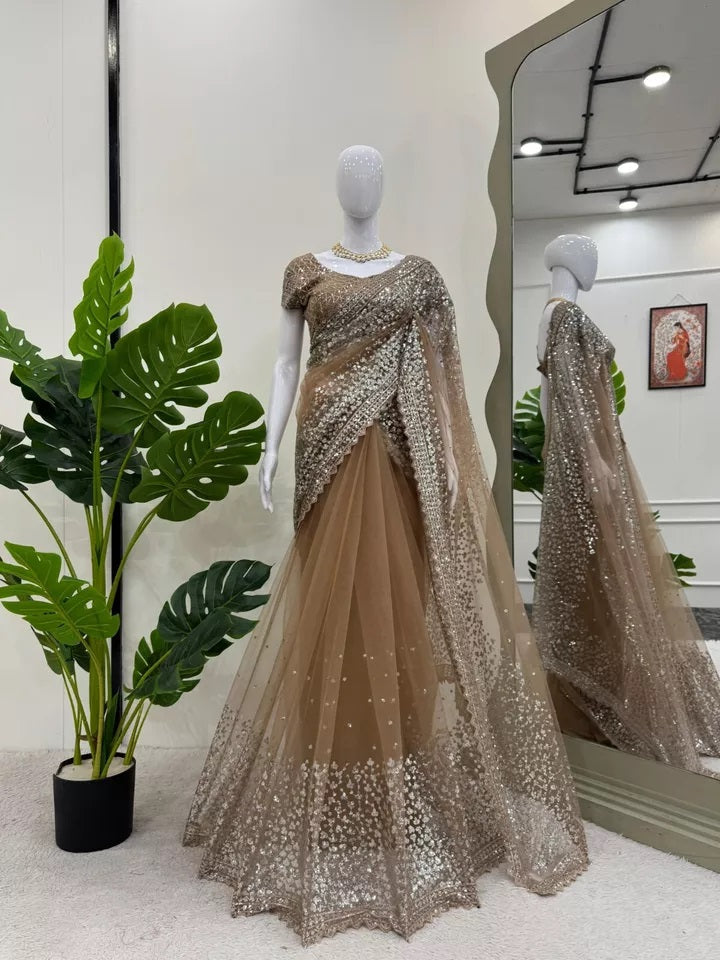 beautiful Wedding Soft Net Sequence Work Saree,Party Function Wear Sari & Blouse