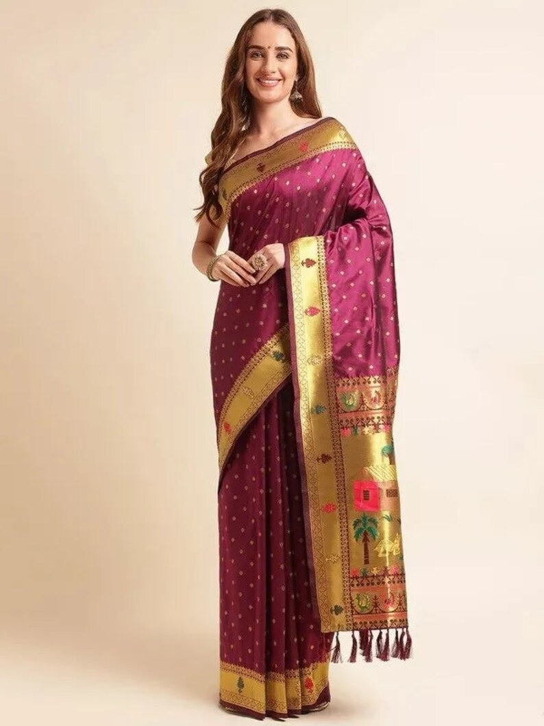 Beautiful Pure Soft Banarasi Lichi Silk Sari With Unstitched Blouse