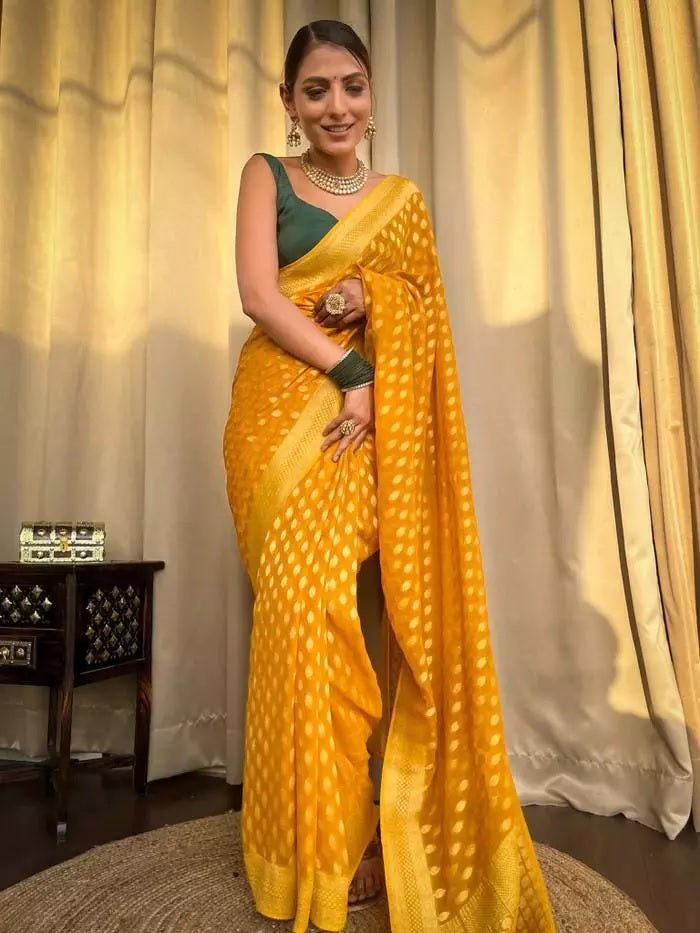 Banarasi Soft Silk Yellow Sari & Blouse