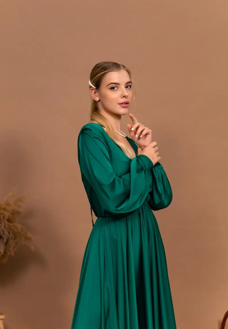 Satin Open Back Dress Emerald Green Evening Dress Long Sleeve Flowy Dress