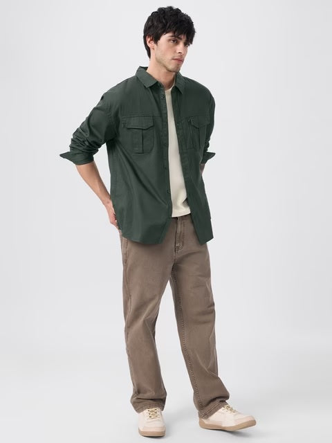 Dark Green Men Utility Shirts