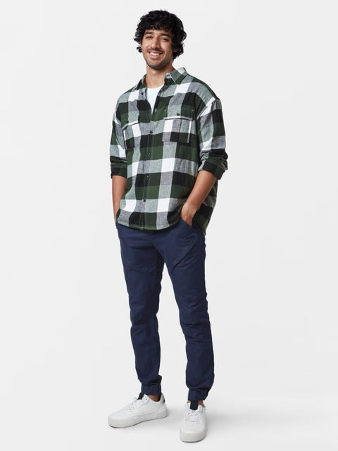 Plaid Green Black Men Utility Shirts