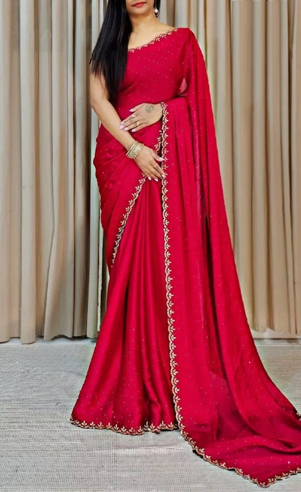 Traditional Wedding Pure Soft Satin Chiffon Saree,Stylish Sari And Blouse