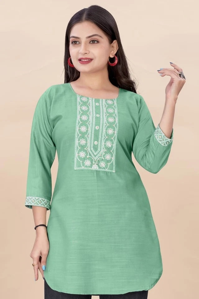 Stylish Rayon Kurti, With Embroidery Sequens Work Short Top Kurti