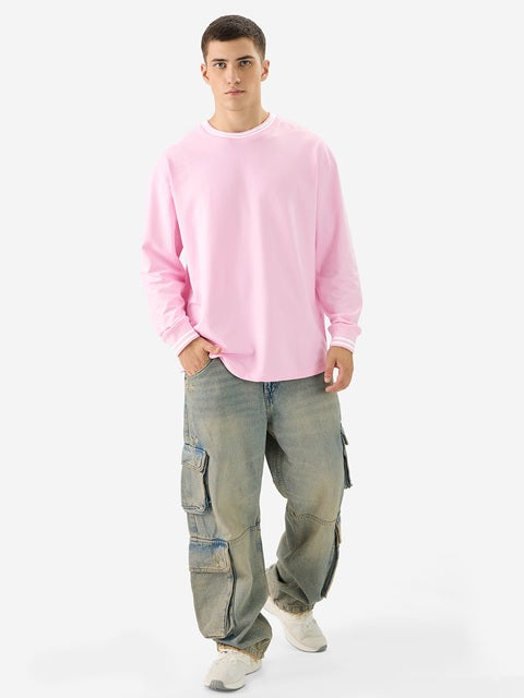 Solids Pastel Pink Oversized Full Sleeve T-Shirts