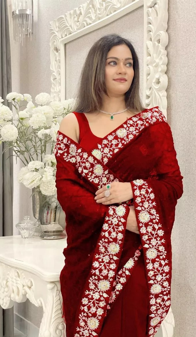 Party Wear Faux Georgette Saree, Indian Wedding Sari With Blouse