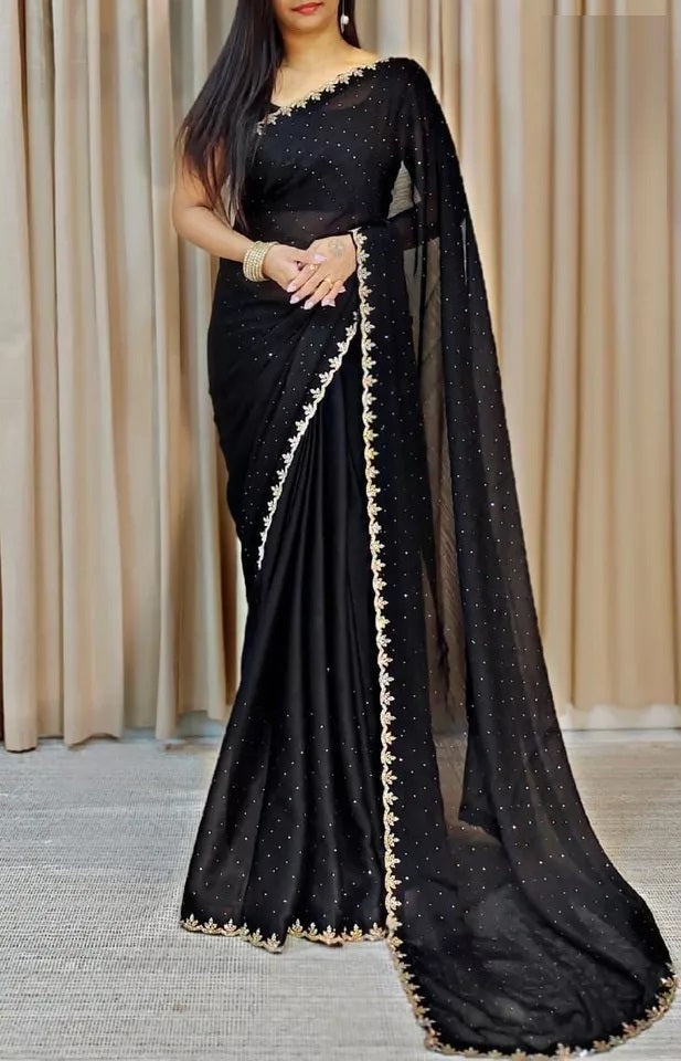 Traditional Wedding Pure Soft Satin Chiffon Saree,Stylish Sari And Blouse