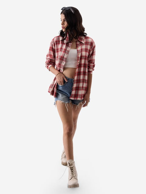 Plaid  Red, Brown and Cream Women Boyfriend Shirts