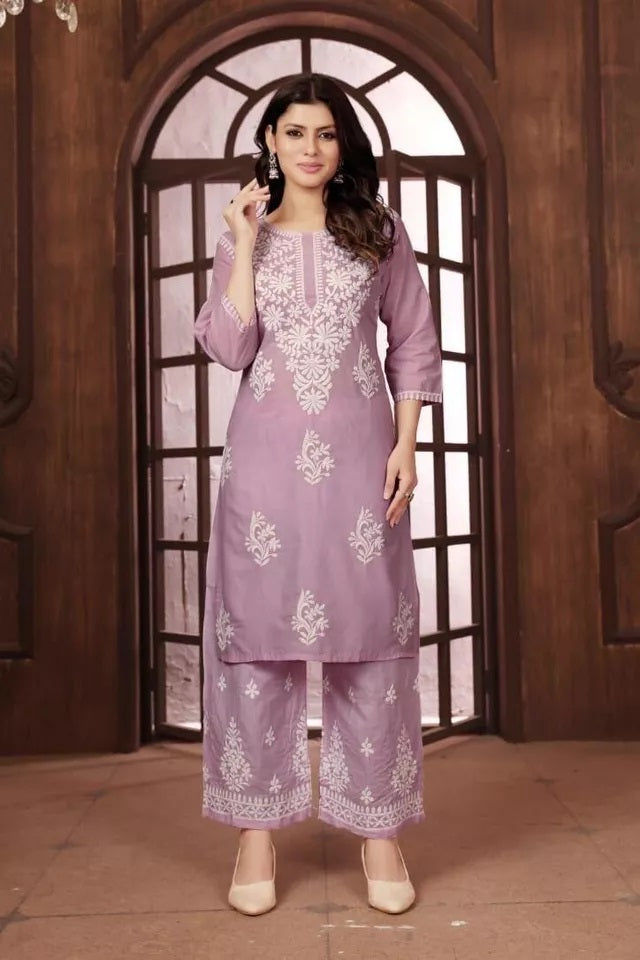 Heavy Cotton With Chikankari Embroidery Work Kurti Pant
