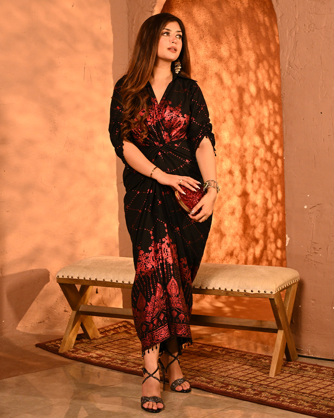 Black Red Printed Kaftan Dress for Women Luxury Resort Wear