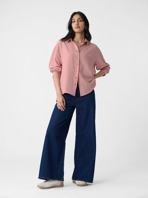 Textured Rose Pink Women Boyfriend Shirts