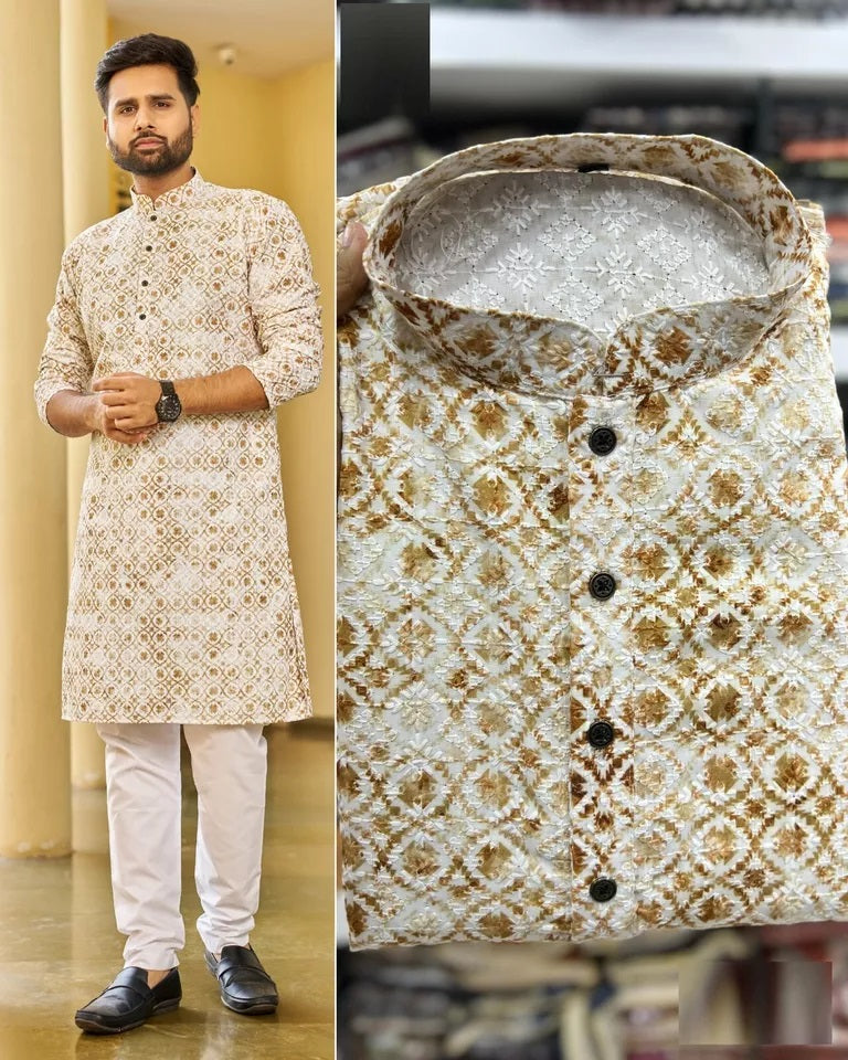 Men's FullStitched Heavy Rayon Schiffli Work Bollywood Kurta Pajama