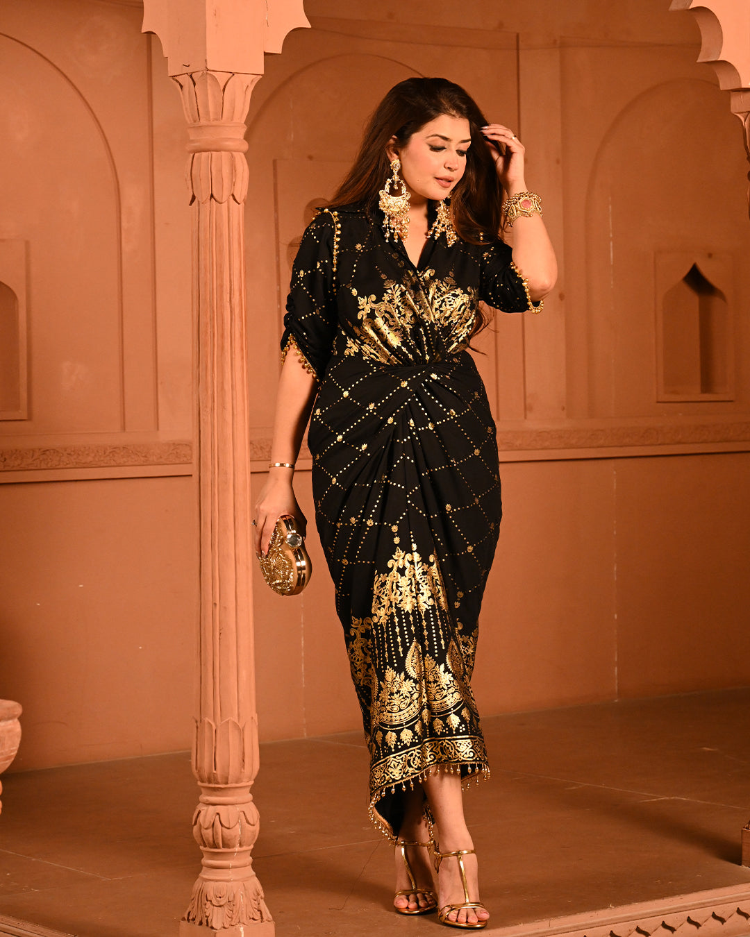 Elegant Designer Party Outfit with Gold Embroidery Kaftan Dress For Women