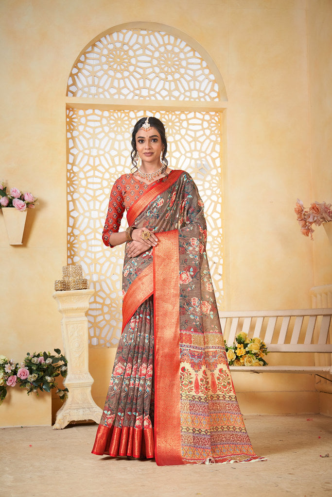 Colourful Pure Linen Saree With Digital Print Saree With Blouse