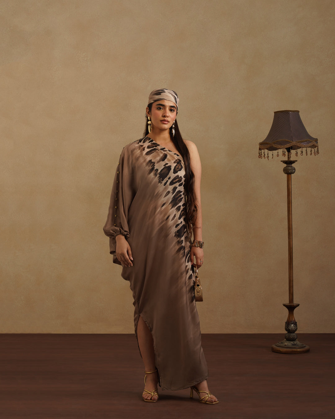 Women's Satin Kaftan Dress with Animal Print Elegant Evening Lounge Wear