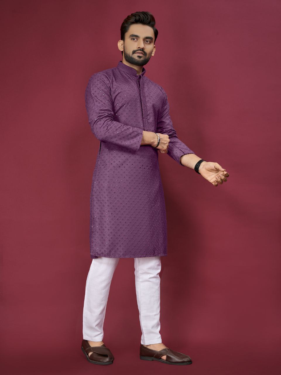 Cotton Luckhnowi Work With Embroidery Work Kurta Pajama Set For Men's